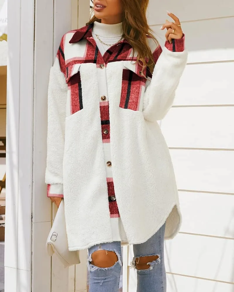 FSHAOES Womens 2024 Winter Coats Fuzzy Fleece Long Jackets Plaid Shacket Button Down Shirts Lightweight Outwear Cardigan