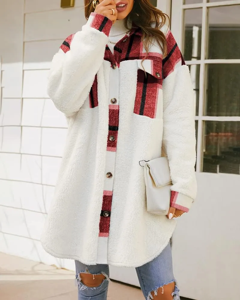 FSHAOES Womens 2024 Winter Coats Fuzzy Fleece Long Jackets Plaid Shacket Button Down Shirts Lightweight Outwear Cardigan