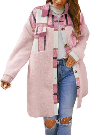 FSHAOES Womens 2024 Winter Coats Fuzzy Fleece Long Jackets Plaid Shacket Button Down Shirts Lightweight Outwear Cardigan