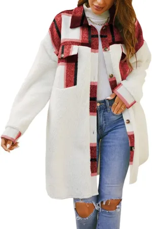 FSHAOES Womens 2024 Winter Coats Fuzzy Fleece Long Jackets Plaid Shacket Button Down Shirts Lightweight Outwear Cardigan