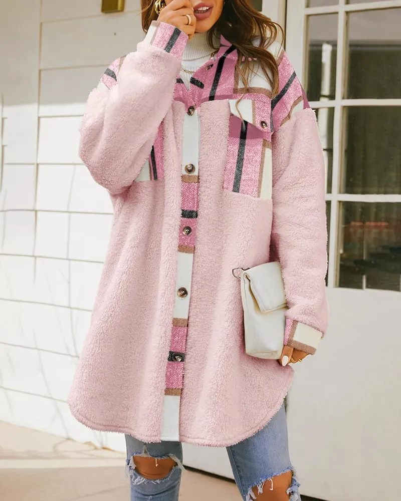 FSHAOES Womens 2024 Winter Coats Fuzzy Fleece Long Jackets Plaid Shacket Button Down Shirts Lightweight Outwear Cardigan