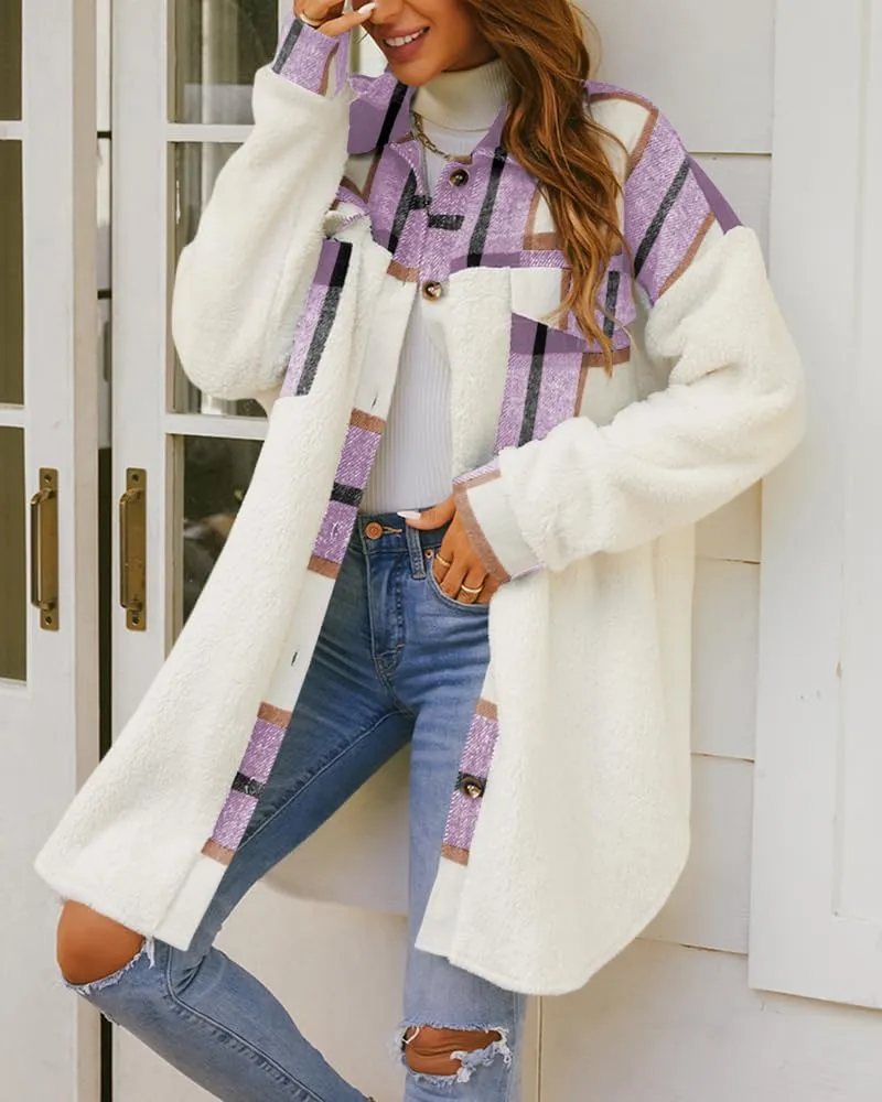 FSHAOES Womens 2024 Winter Coats Fuzzy Fleece Long Jackets Plaid Shacket Button Down Shirts Lightweight Outwear Cardigan