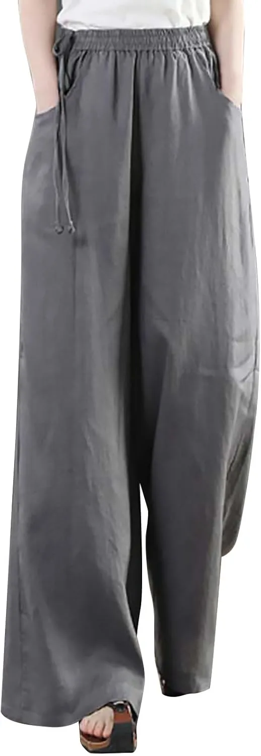 FZYLQY Women Casual Cotton Linen Baggy Pants Relaxed Fit Soft Comfy Wide Leg Trousers Drawstring High Waist Loose Pants