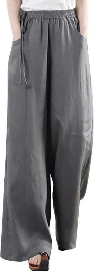 FZYLQY Women Casual Cotton Linen Baggy Pants Relaxed Fit Soft Comfy Wide Leg Trousers Drawstring High Waist Loose Pants