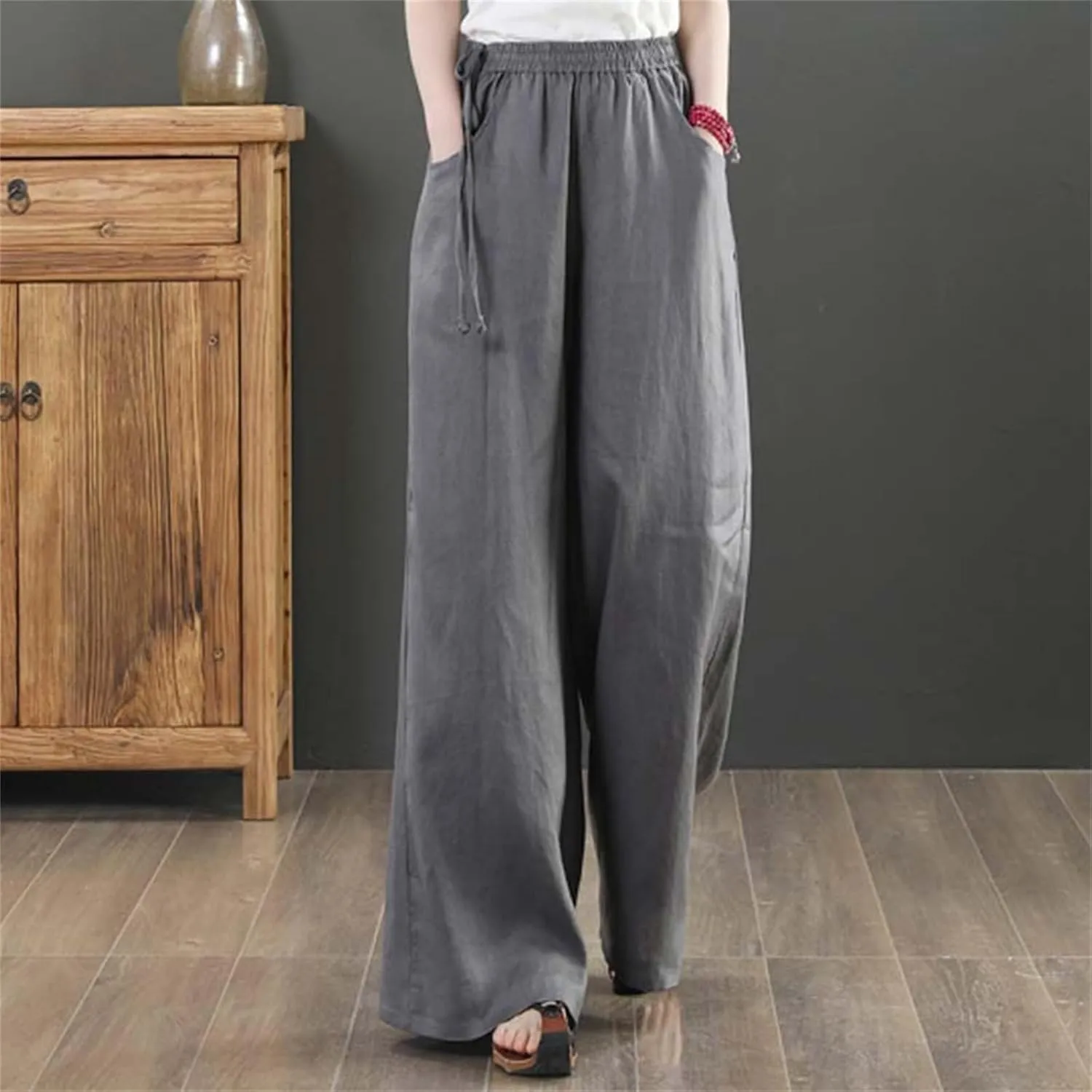 FZYLQY Women Casual Cotton Linen Baggy Pants Relaxed Fit Soft Comfy Wide Leg Trousers Drawstring High Waist Loose Pants