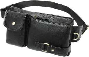 Genuine Leather Fanny Pack Slim Cowhide Waist Pack satchel Adjustable Waistband Travel Outdoor (BLACK)