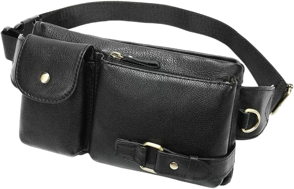 Genuine Leather Fanny Pack Slim Cowhide Waist Pack satchel Adjustable Waistband Travel Outdoor (BLACK)