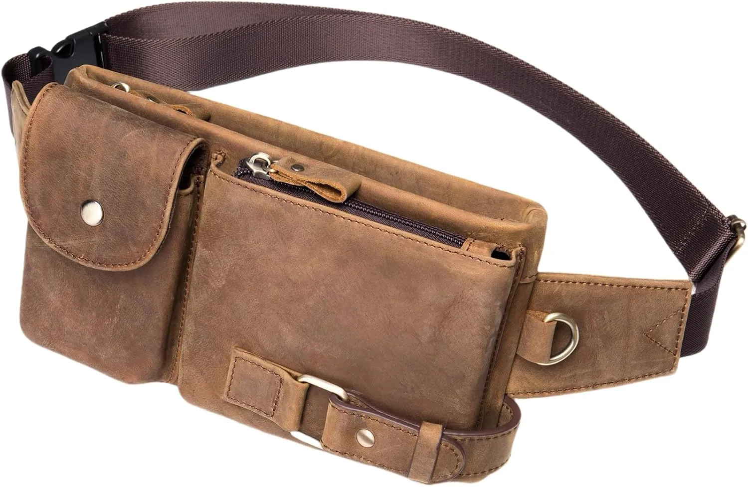 Genuine Leather Fanny Pack Slim Cowhide Waist Pack satchel Adjustable Waistband Travel Outdoor (CRAZY HORSE BROWN)