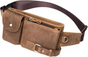 Genuine Leather Fanny Pack Slim Cowhide Waist Pack satchel Adjustable Waistband Travel Outdoor (CRAZY HORSE BROWN)