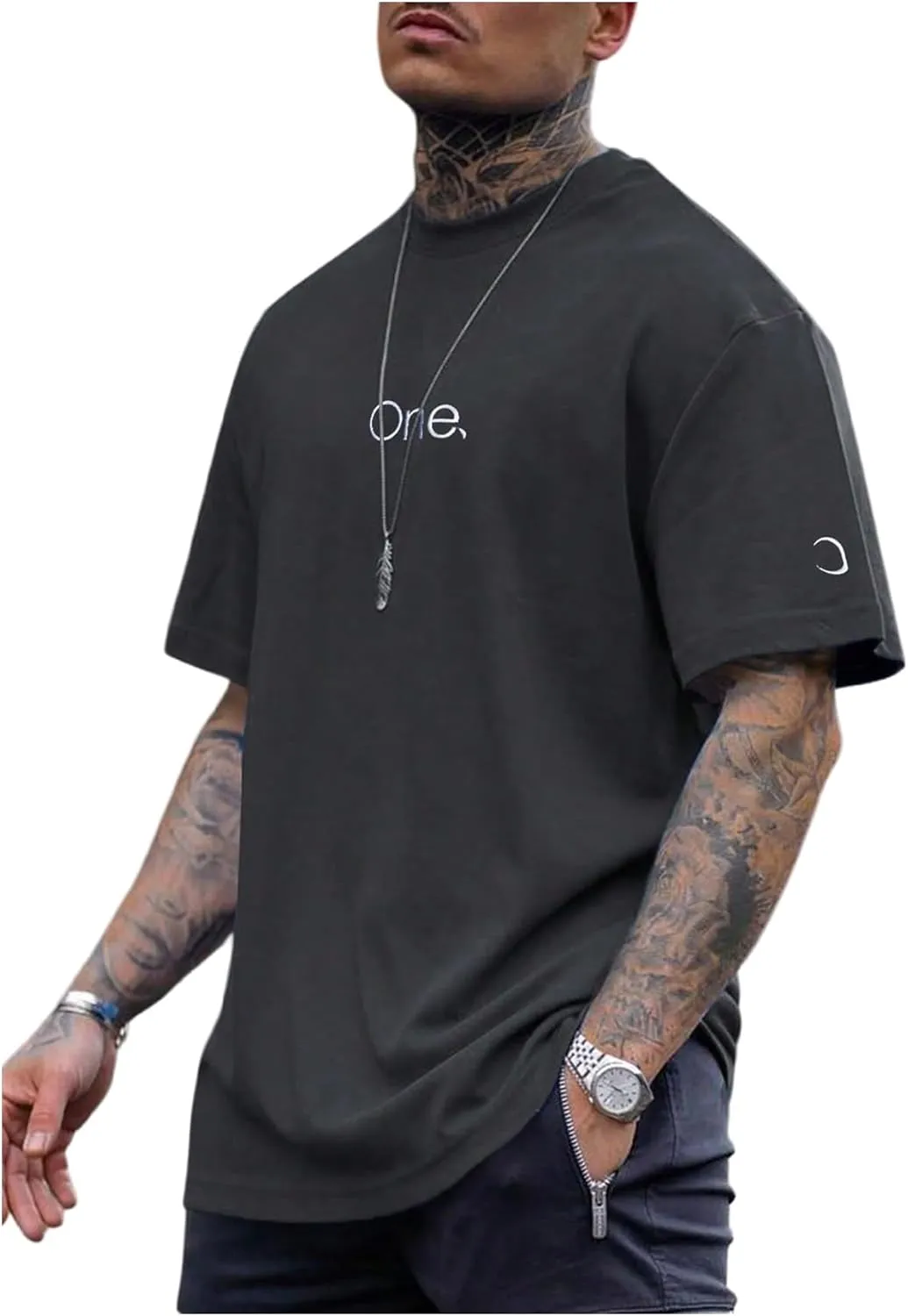 GORGLITTER Men's Crewneck T Shirt Letter Graphic Short Sleeve Casual Drop Shoulder Oversized Tee