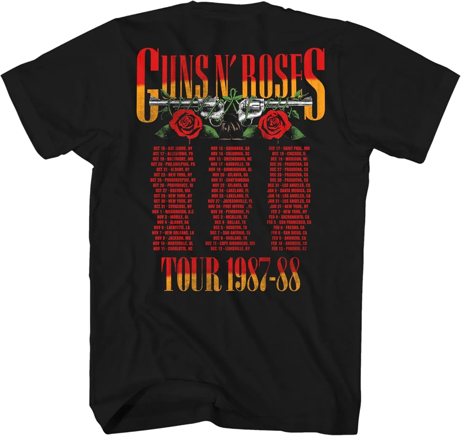 Guns N'Roses T Shirt 87-88 Tour Front & Back Print Adult Black 80s Rock Band Vintage Style Graphic Tees