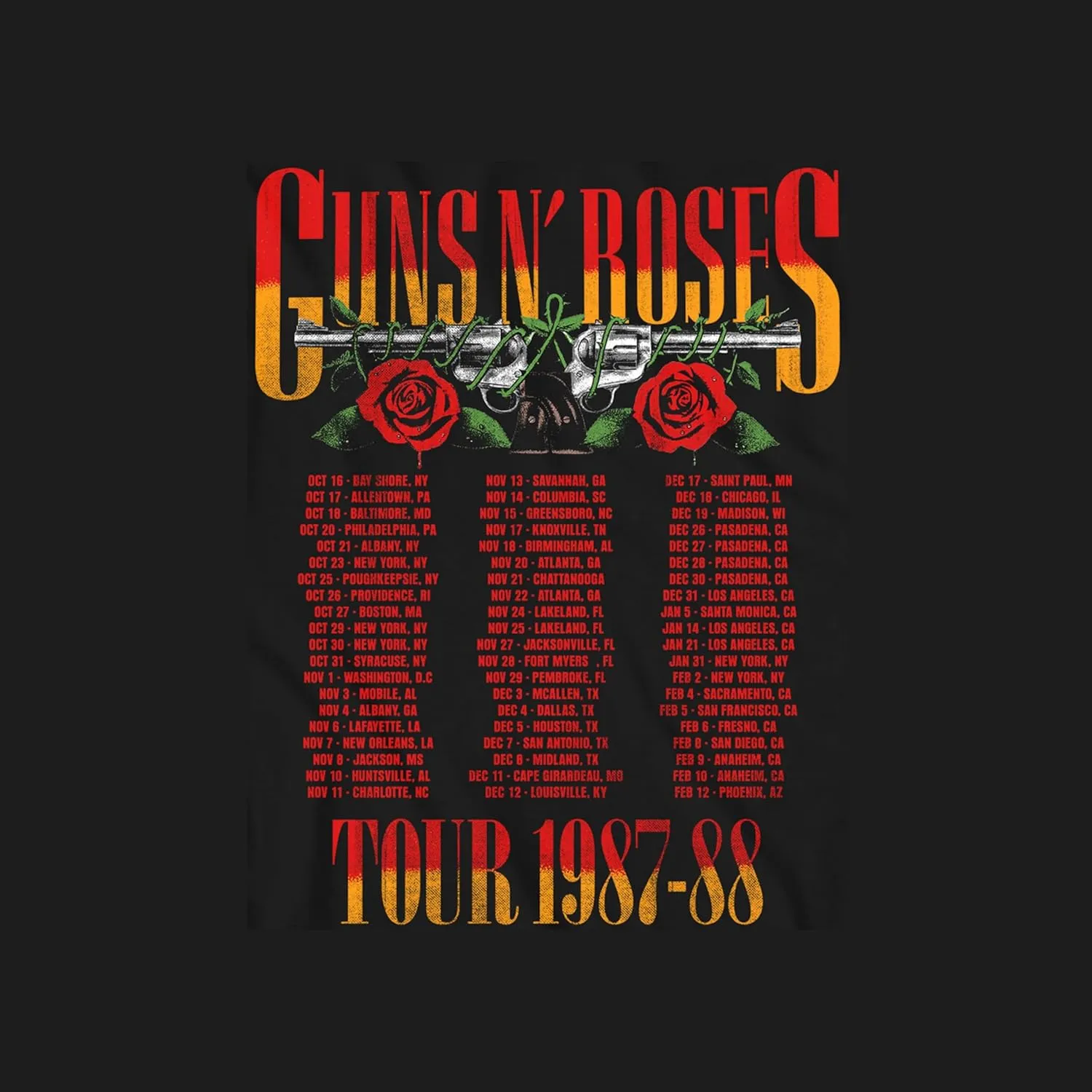 Guns N'Roses T Shirt 87-88 Tour Front & Back Print Adult Black 80s Rock Band Vintage Style Graphic Tees