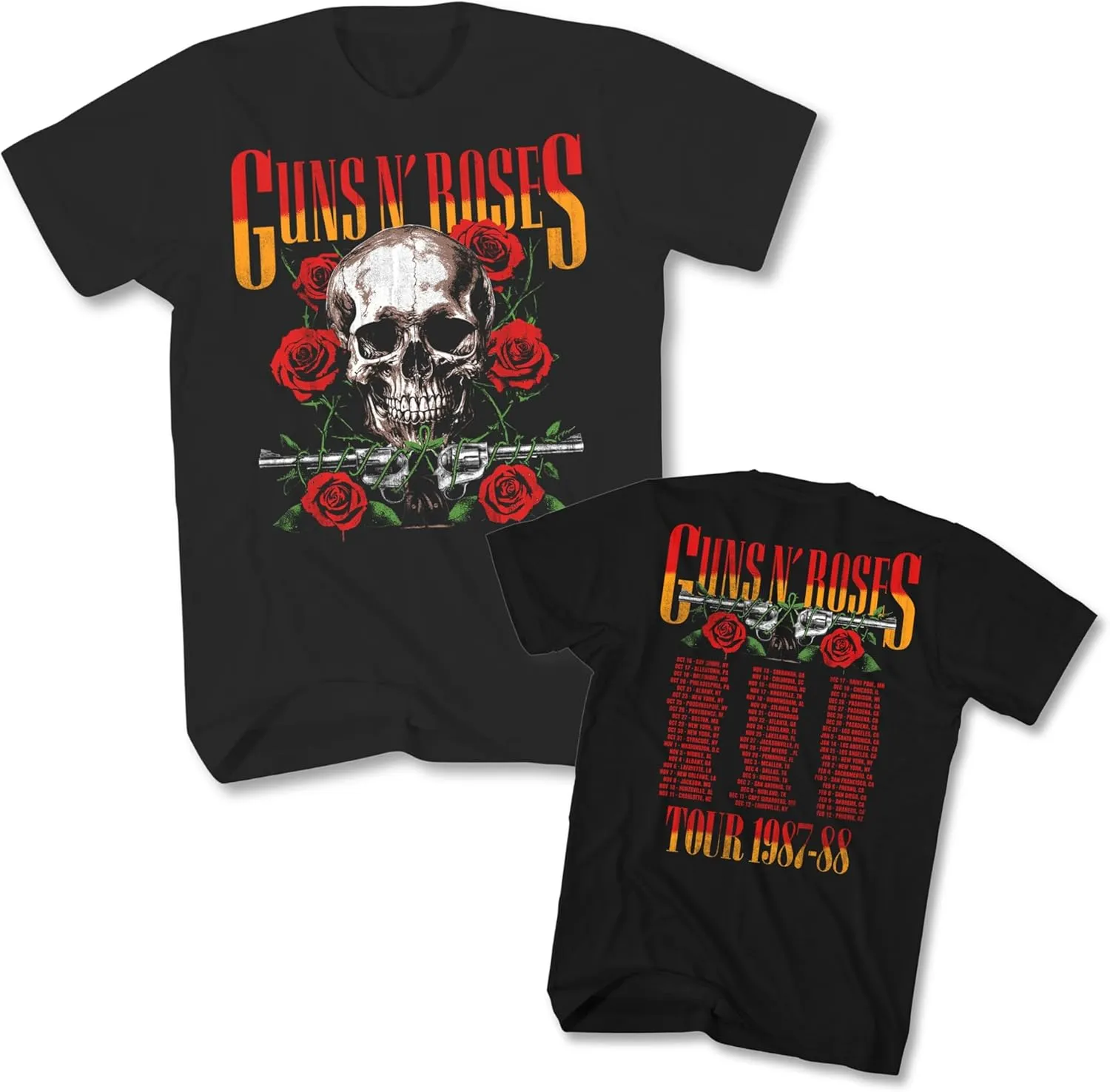 Guns N'Roses T Shirt 87-88 Tour Front & Back Print Adult Black 80s Rock Band Vintage Style Graphic Tees