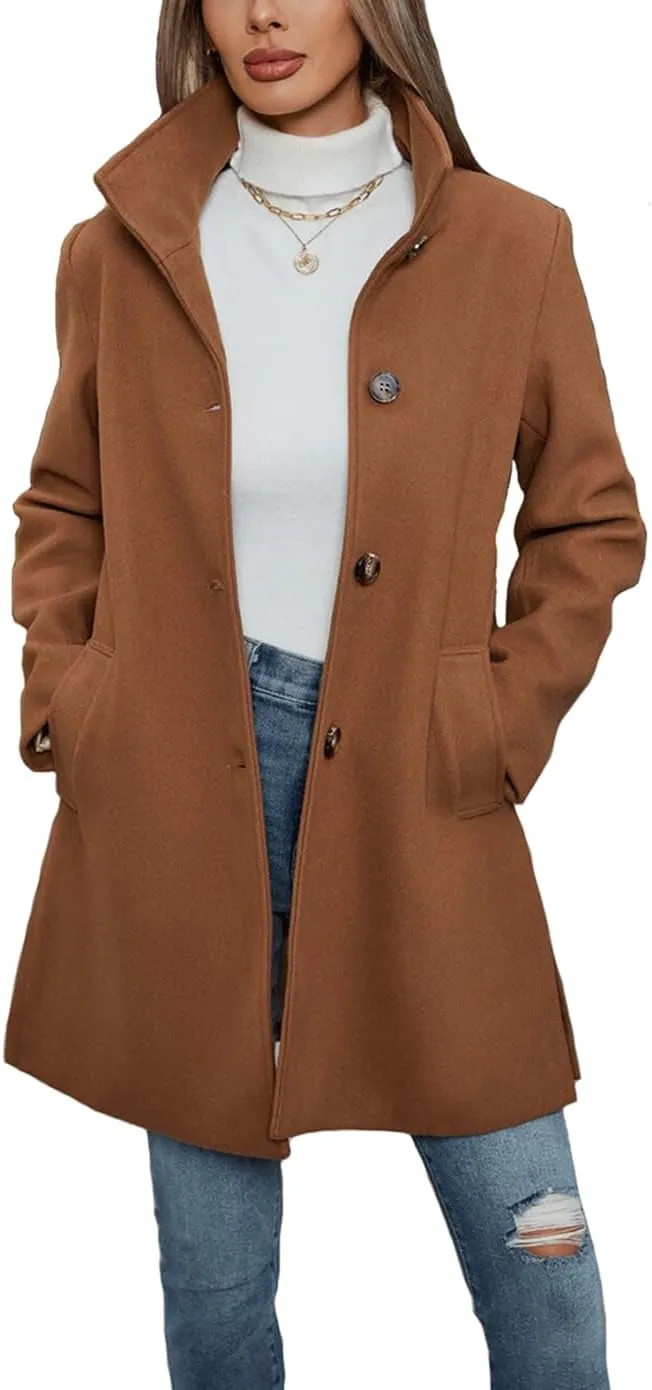 Haellun Women's Notch Lapel Winter Wool Coat Stand Collar Single Breasted Pea Coat Short Funnel Coat