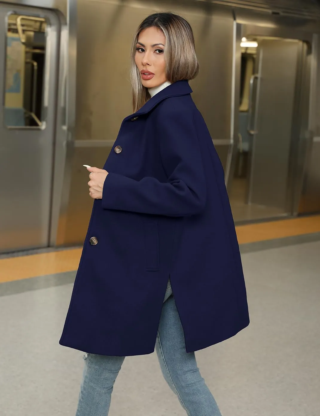Haellun Women's Notch Lapel Winter Wool Coat Stand Collar Single Breasted Pea Coat Short Funnel Coat