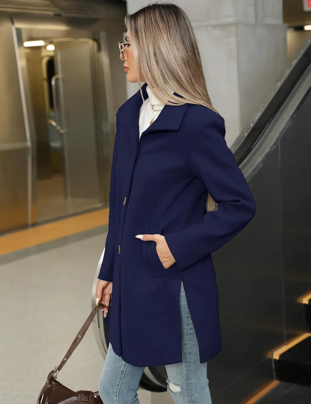 Haellun Women's Notch Lapel Winter Wool Coat Stand Collar Single Breasted Pea Coat Short Funnel Coat