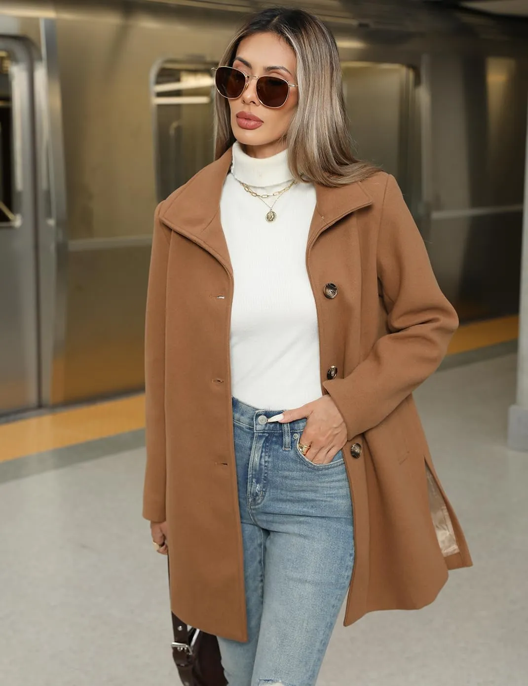 Haellun Women's Notch Lapel Winter Wool Coat Stand Collar Single Breasted Pea Coat Short Funnel Coat