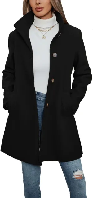 Haellun Women's Notch Lapel Winter Wool Coat Stand Collar Single Breasted Pea Coat Short Funnel Coat