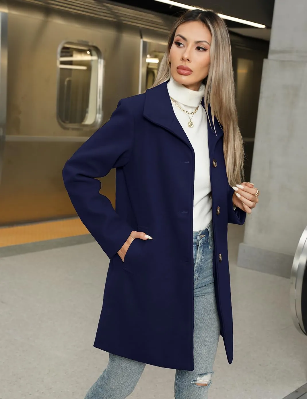 Haellun Women's Notch Lapel Winter Wool Coat Stand Collar Single Breasted Pea Coat Short Funnel Coat