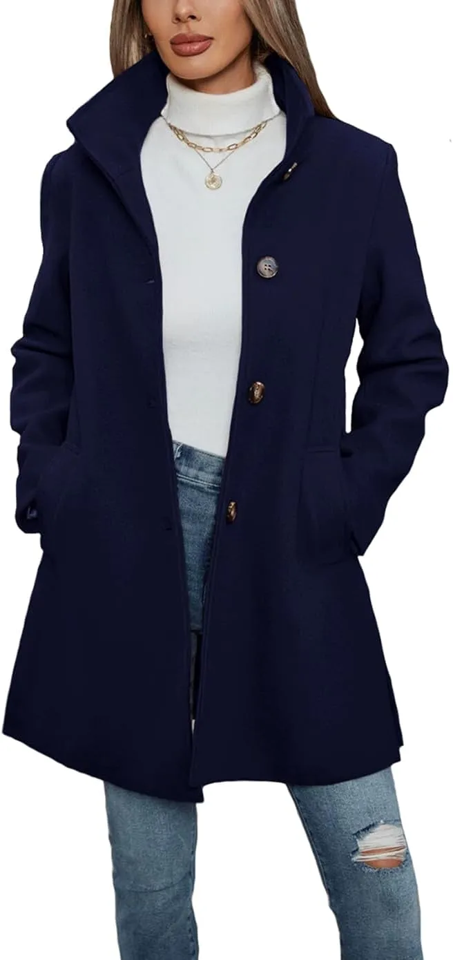 Haellun Women's Notch Lapel Winter Wool Coat Stand Collar Single Breasted Pea Coat Short Funnel Coat