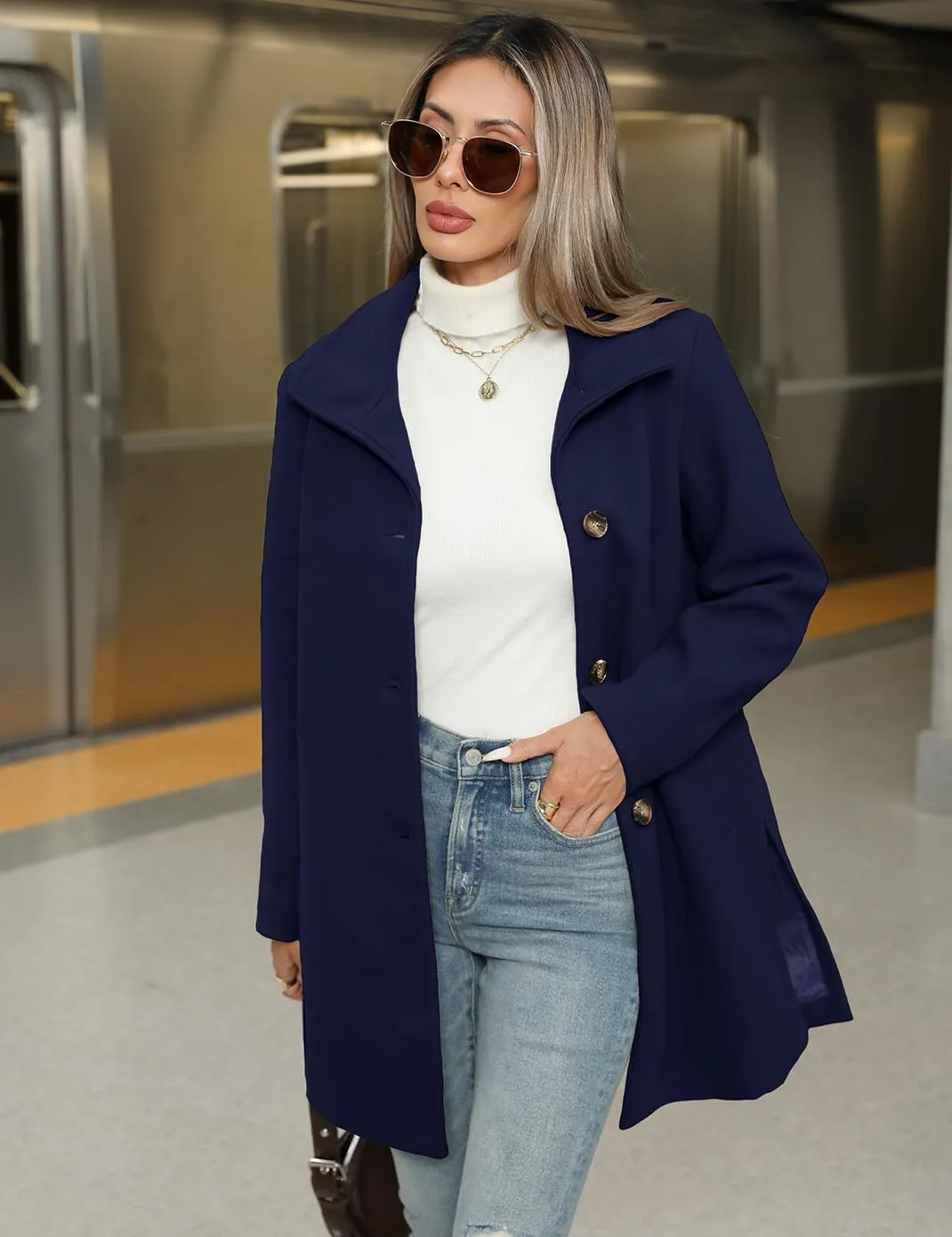 Haellun Women's Notch Lapel Winter Wool Coat Stand Collar Single Breasted Pea Coat Short Funnel Coat