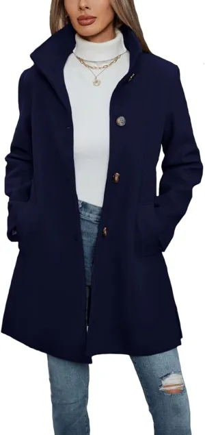 Haellun Women's Notch Lapel Winter Wool Coat Stand Collar Single Breasted Pea Coat Short Funnel Coat