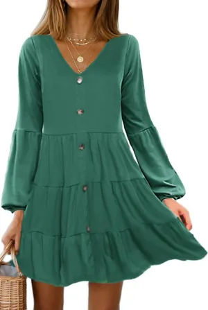 Halife Women's Button Front Dress Puff Sleeve V-Neck Pleated Swing Tiered Dresses