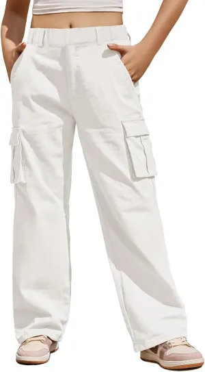Haloumoning Girls Cargo Pants Casual Baggy Wide Leg Elastic Waist Jogger Trousers with Pockets 5-14 Years