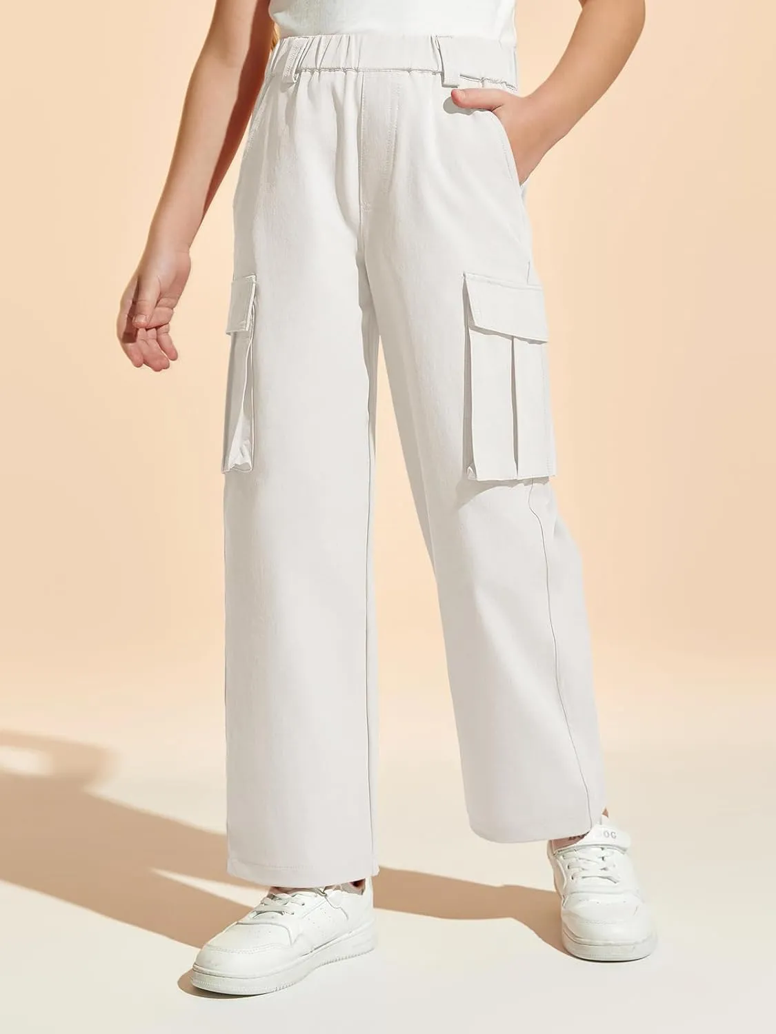 Haloumoning Girls Cargo Pants Casual Baggy Wide Leg Elastic Waist Jogger Trousers with Pockets 5-14 Years