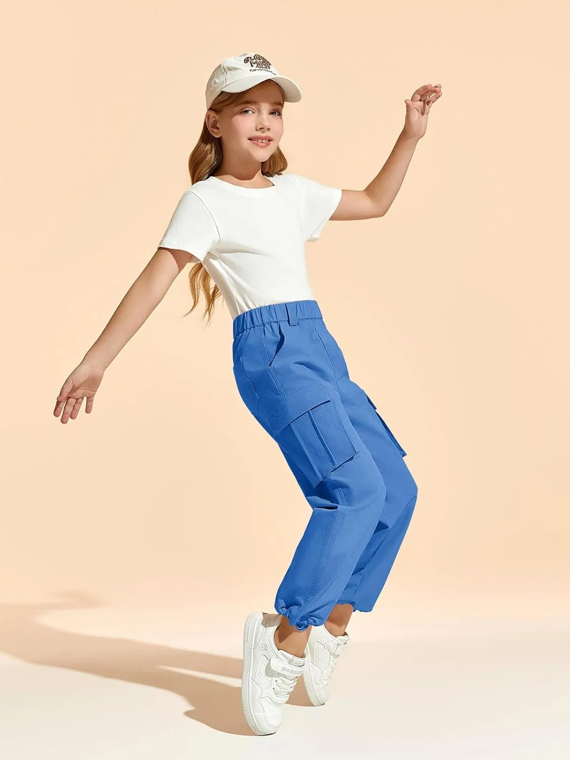 Haloumoning Girls Cargo Pants Casual Baggy Wide Leg Elastic Waist Jogger Trousers with Pockets 5-14 Years