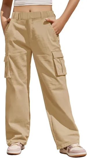 Haloumoning Girls Cargo Pants Casual Baggy Wide Leg Elastic Waist Jogger Trousers with Pockets 5-14 Years