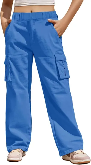 Haloumoning Girls Cargo Pants Casual Baggy Wide Leg Elastic Waist Jogger Trousers with Pockets 5-14 Years