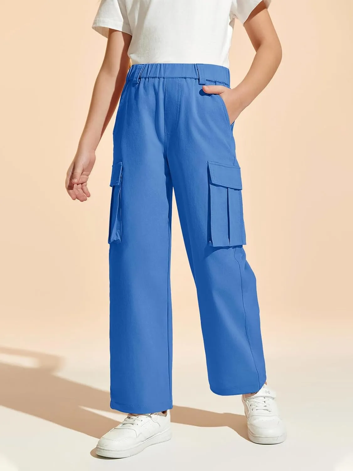 Haloumoning Girls Cargo Pants Casual Baggy Wide Leg Elastic Waist Jogger Trousers with Pockets 5-14 Years