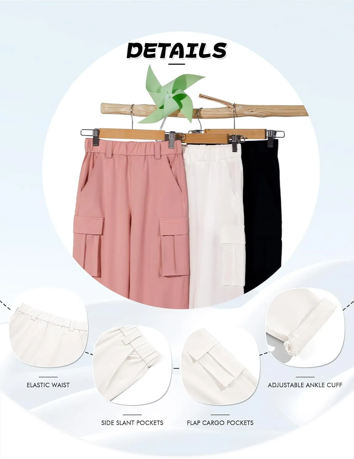Haloumoning Girls Cargo Pants Casual Baggy Wide Leg Elastic Waist Jogger Trousers with Pockets 5-14 Years