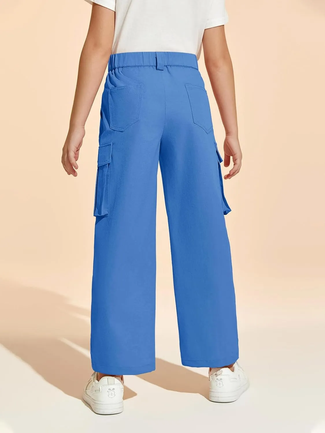 Haloumoning Girls Cargo Pants Casual Baggy Wide Leg Elastic Waist Jogger Trousers with Pockets 5-14 Years