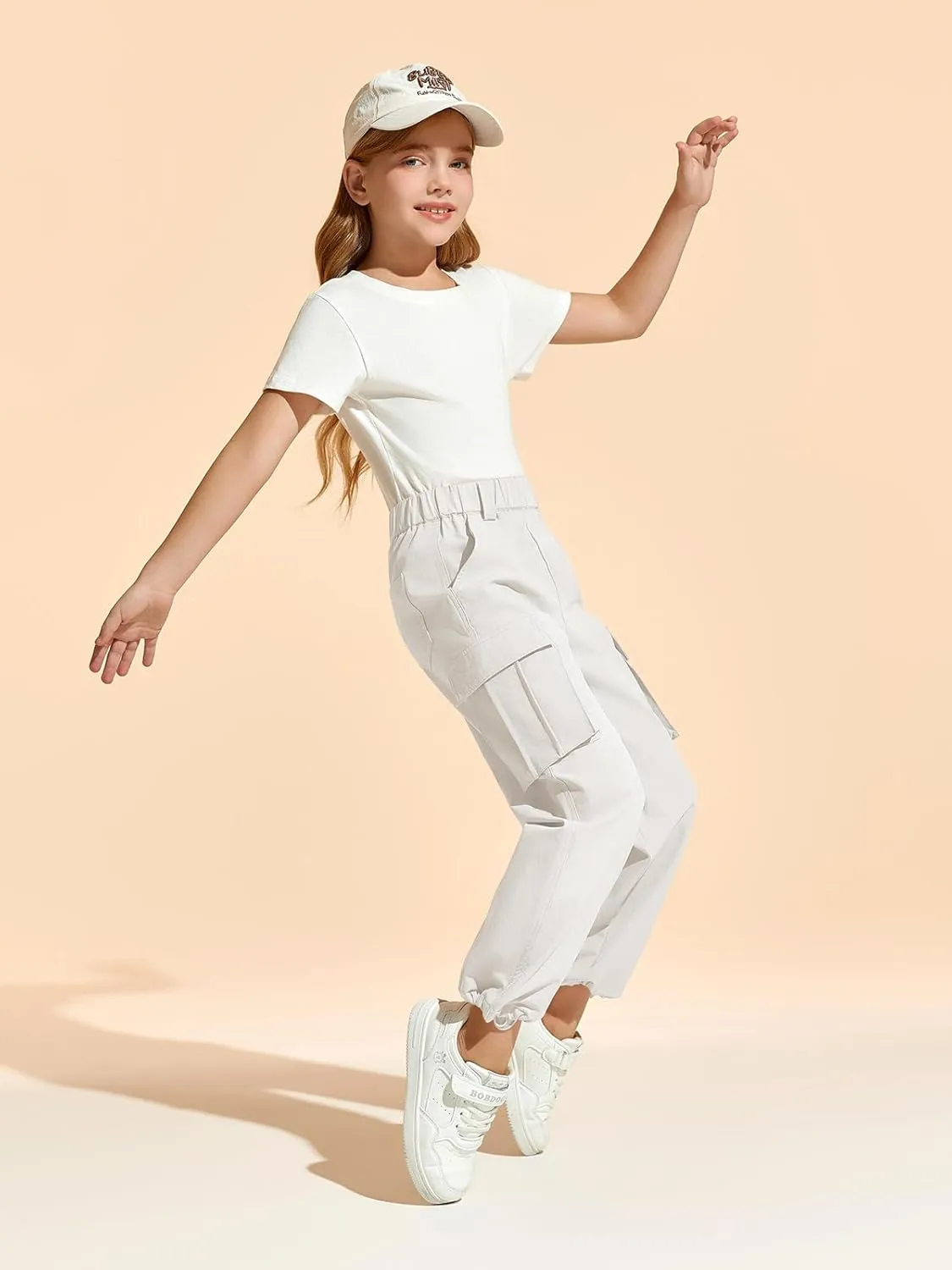Haloumoning Girls Cargo Pants Casual Baggy Wide Leg Elastic Waist Jogger Trousers with Pockets 5-14 Years
