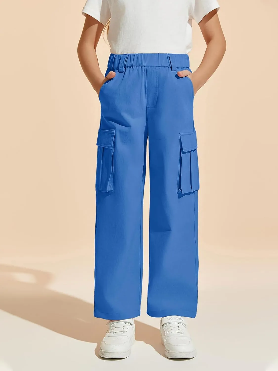 Haloumoning Girls Cargo Pants Casual Baggy Wide Leg Elastic Waist Jogger Trousers with Pockets 5-14 Years