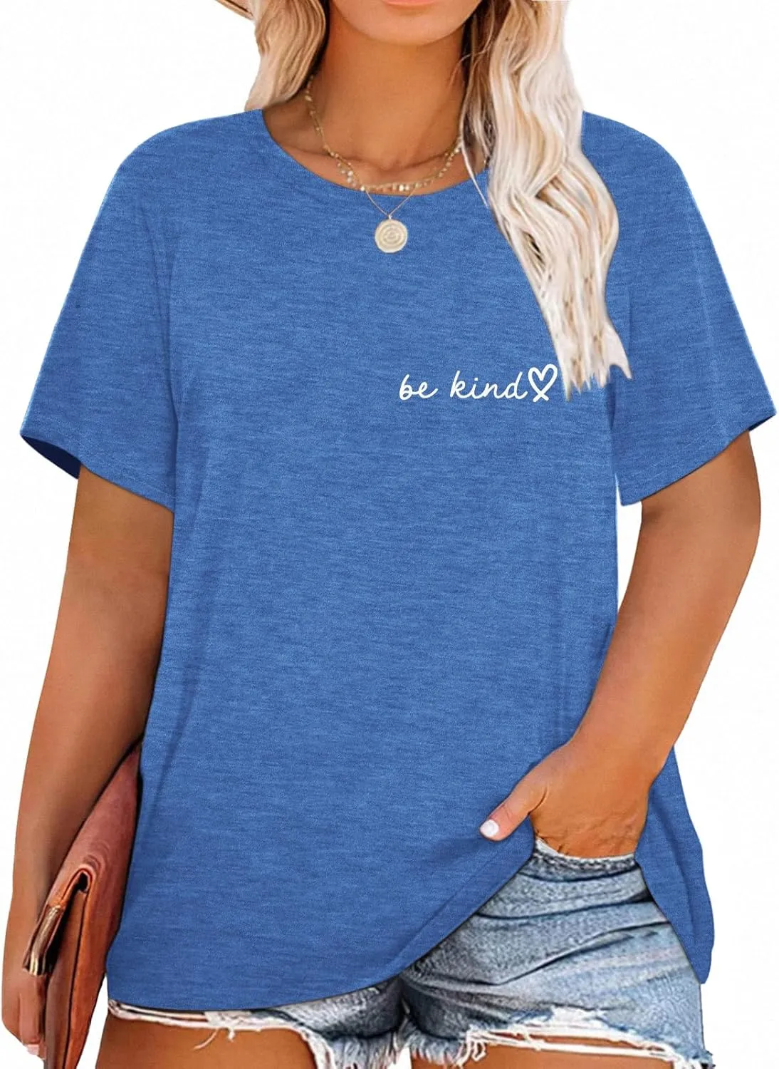 HDLTE Womens Plus Size Tops Cute Be Kind Blessed Graphic Tees Short Sleeve Love Heart Shirt