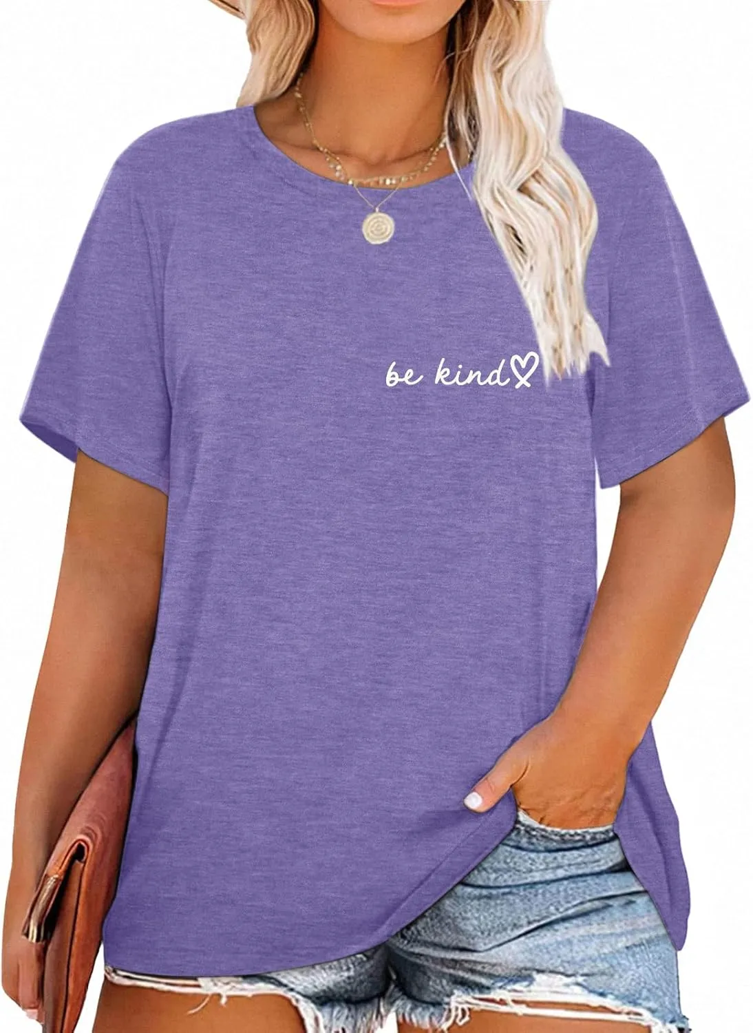 HDLTE Womens Plus Size Tops Cute Be Kind Blessed Graphic Tees Short Sleeve Love Heart Shirt