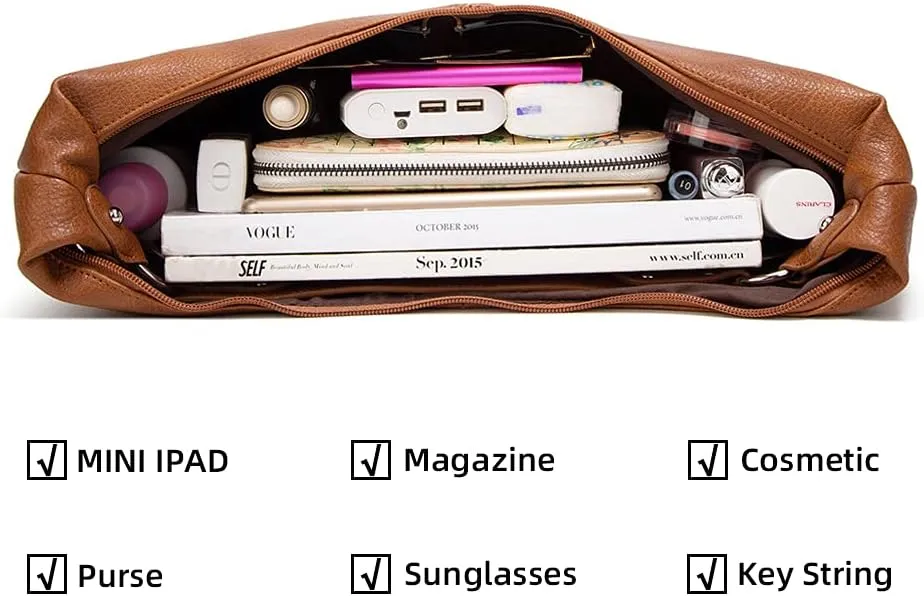 Hobo Tote Bag for Women Soft Faux Leather Shoulder Bag Retro Satchel Zipper Closure Handbag Large Capacity Purse