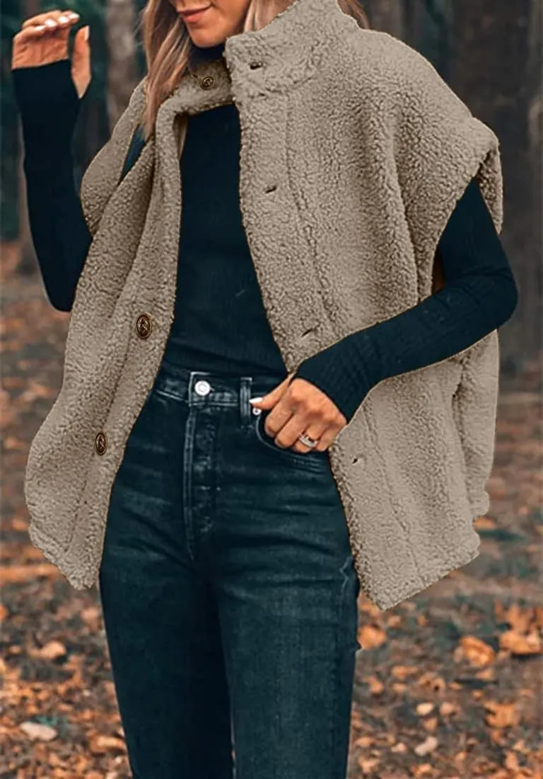 Hongqizo Womens Fuzzy Fleece Vest Casual Oversized Warm Button Down Sherpa Vest Jacket with Pockets