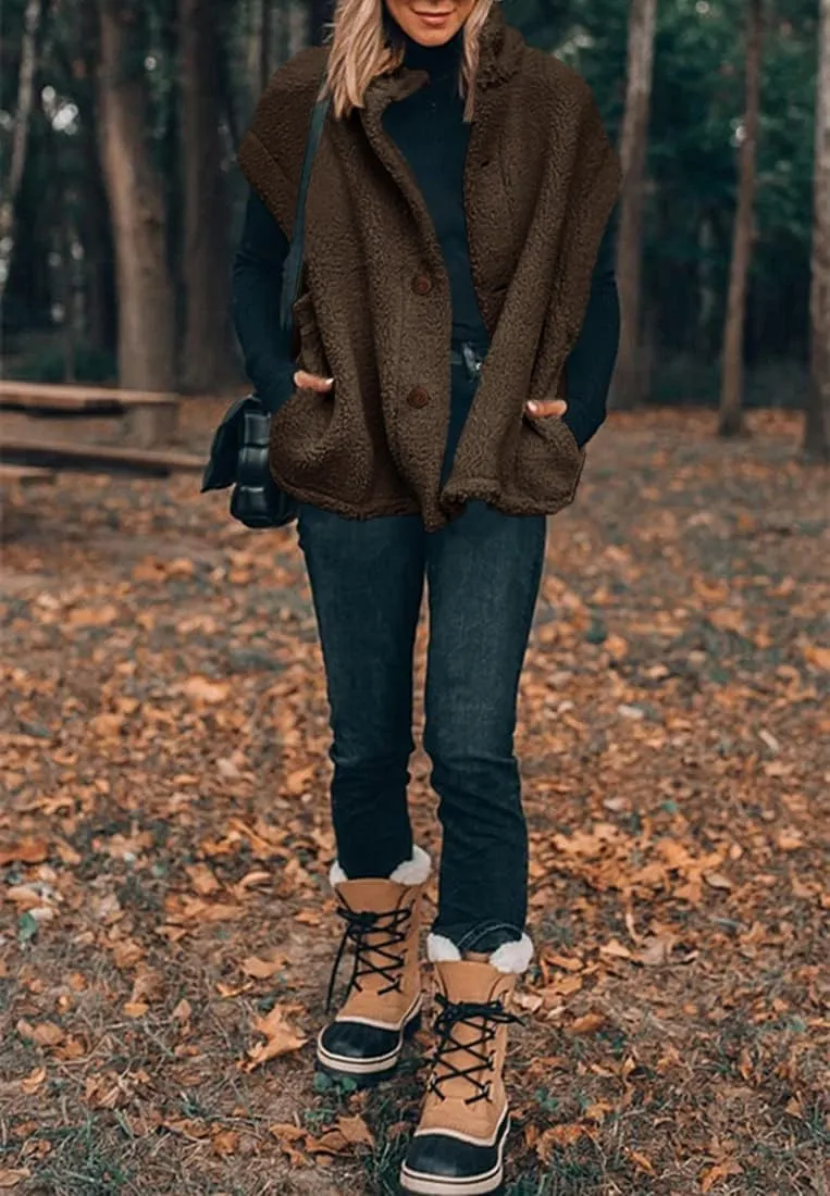 Hongqizo Womens Fuzzy Fleece Vest Casual Oversized Warm Button Down Sherpa Vest Jacket with Pockets