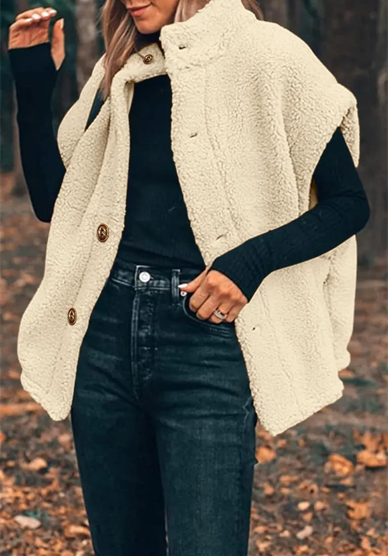 Hongqizo Womens Fuzzy Fleece Vest Casual Oversized Warm Button Down Sherpa Vest Jacket with Pockets