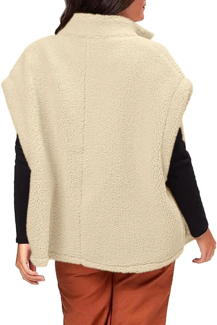 Hongqizo Womens Fuzzy Fleece Vest Casual Oversized Warm Button Down Sherpa Vest Jacket with Pockets