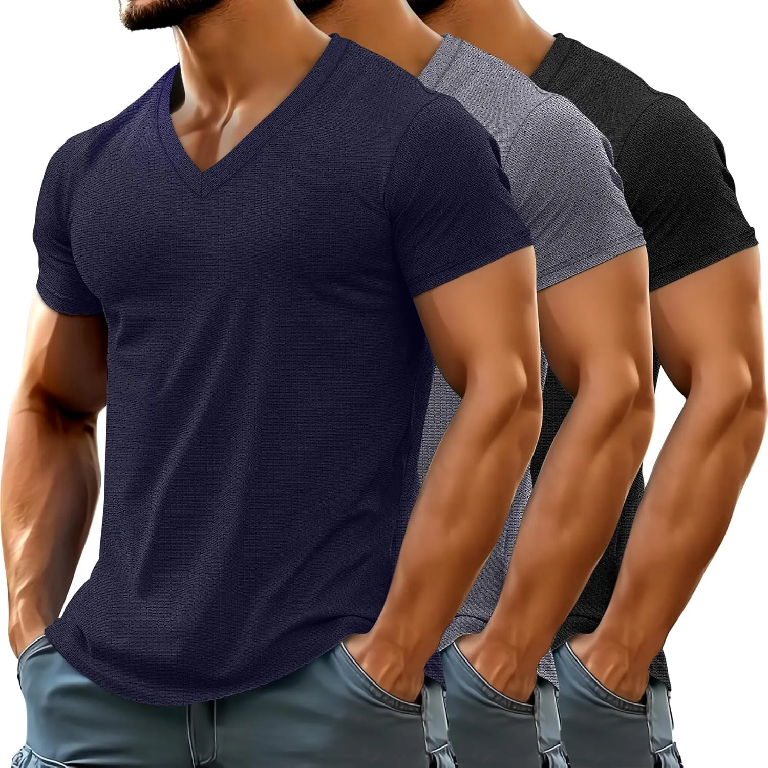 Huukeay 3 Pack Men's Big and Tall Quick Dry Shirts, Short Sleeve Dry Fit Tops V Neck Mesh Moisture Wicking Athletic Tees