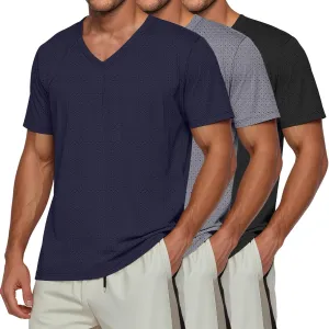 Huukeay 3 Pack Men's Big and Tall Quick Dry Shirts, Short Sleeve Dry Fit Tops V Neck Mesh Moisture Wicking Athletic Tees