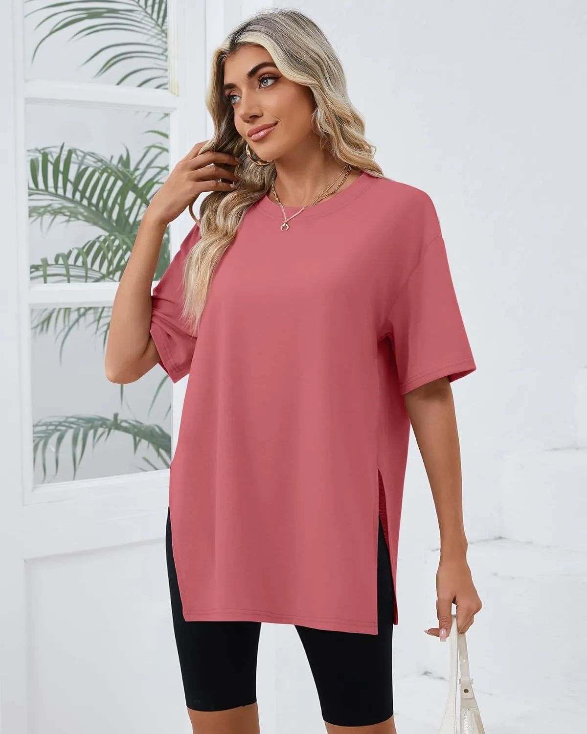 Huukeay 3 Pack Women's Oversized Gym T Shirts Cotton Short Sleeve Side Split Crewneck Tops Casual Workout Baggy Basic Tee