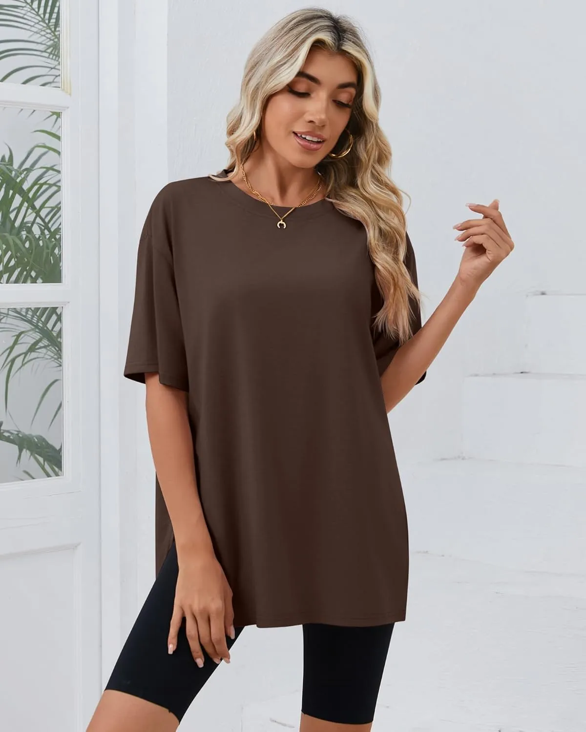 Huukeay 3 Pack Women's Oversized Gym T Shirts Cotton Short Sleeve Side Split Crewneck Tops Casual Workout Baggy Basic Tee