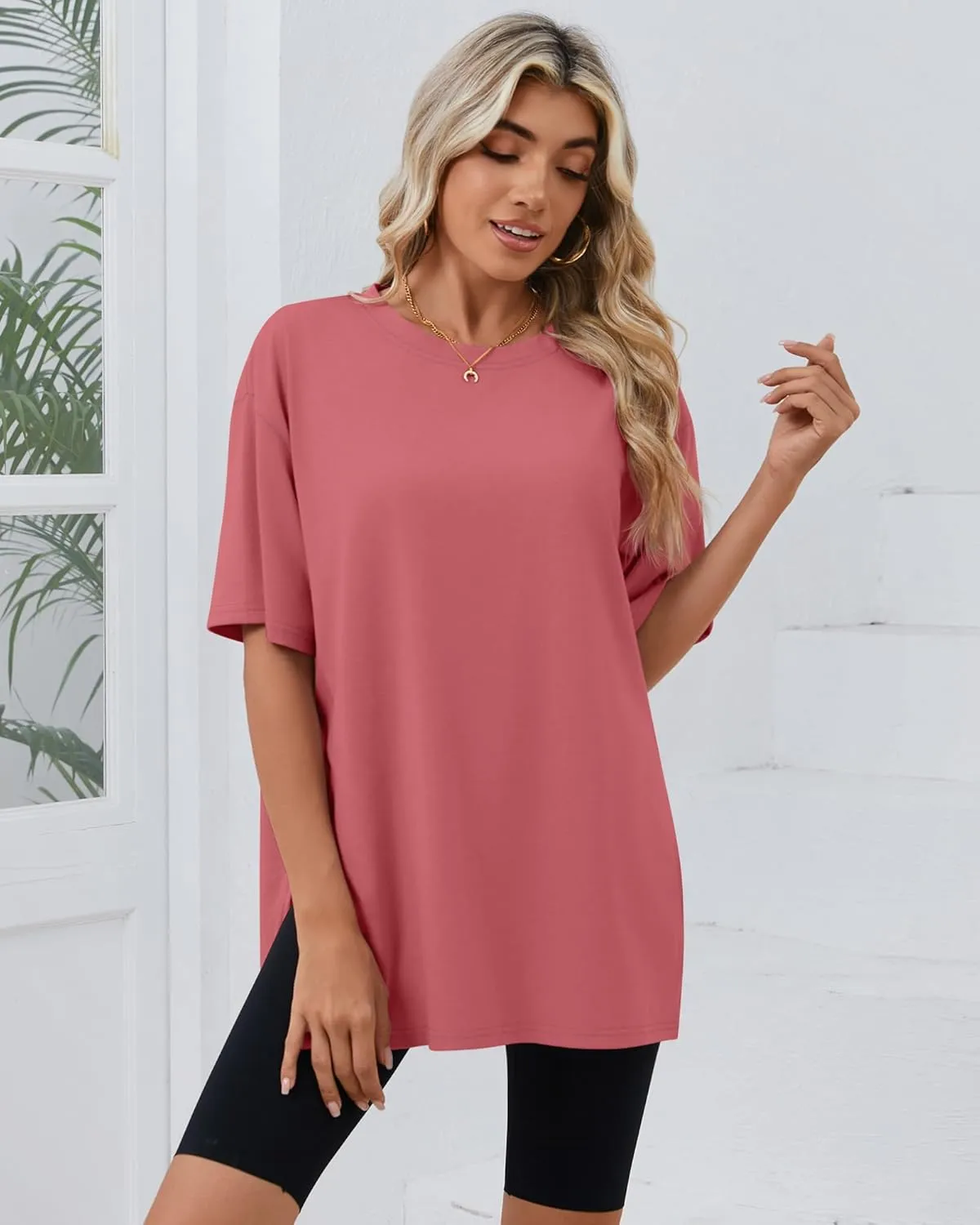 Huukeay 3 Pack Women's Oversized Gym T Shirts Cotton Short Sleeve Side Split Crewneck Tops Casual Workout Baggy Basic Tee