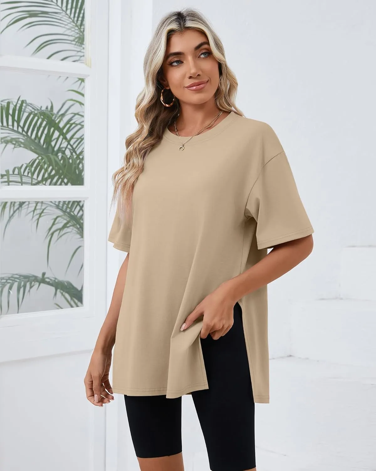Huukeay 3 Pack Women's Oversized Gym T Shirts Cotton Short Sleeve Side Split Crewneck Tops Casual Workout Baggy Basic Tee